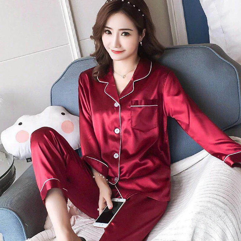 Custom High quality silk long sleeve sleepwear set solid color luxury satin pajamas women spring autumn pijamas woman plus size