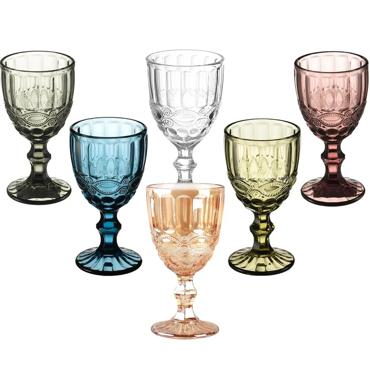 Wholesale Reusable 2023 New Gifts Party Wedding Vintage Embossed Design Wine Glasses Blue Colored Goblet Glass