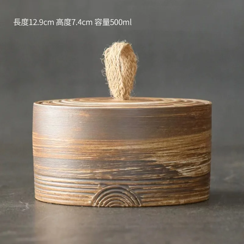 Japanese-style hand-made stoneware retro ceramic storage dry goods sealed coffee beans tea packaging jar with hemp rope handle