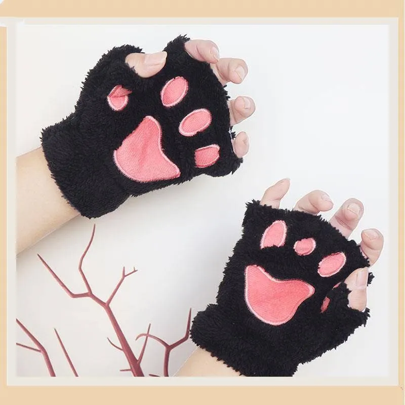 JSFUR  Kawaii Gloves Cat Paws Cosplay Faux Fur Plush Cat Gloves Lion Paws Fingerless Gloves for Girls Women
