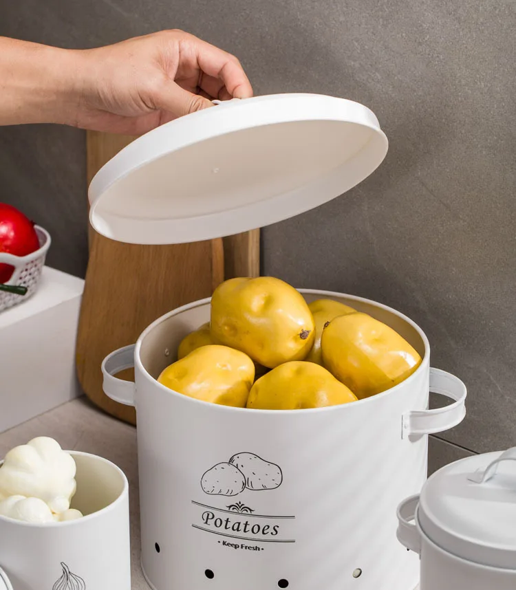 Farmhouse Round Metal Vegetable Bin Kitchen Potatoes Onion Garlic Storage Box kitchen garlic potato onion keeper Container