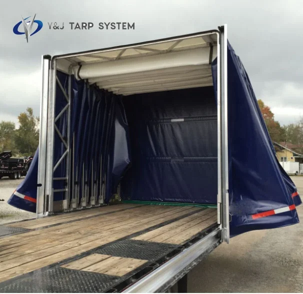 Custom light weight retractable sliding flatbed trailer tarping systems
