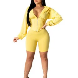 Custom Logo two piece set tracksuit women bike sports clothing Long sleeve Cropped hoodie shorts set women