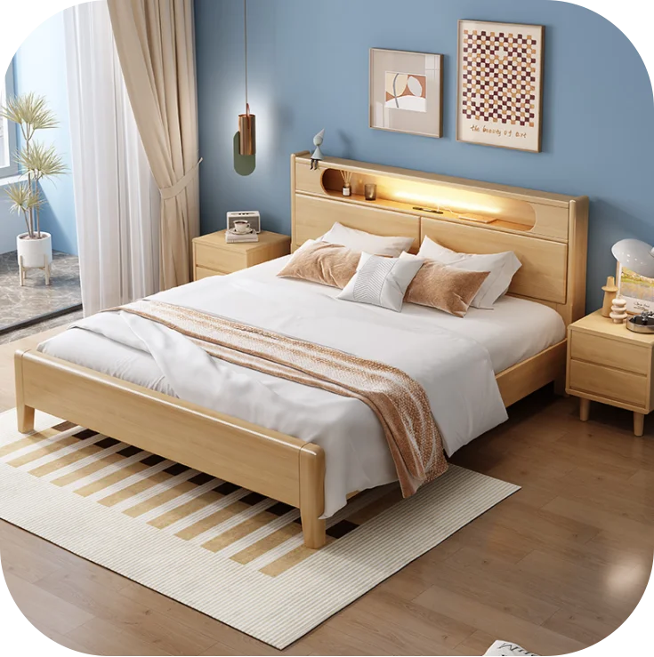 Nordic 1.8m Double Master Bedroom Bed Frame Solid Wood with Full Rubber Storage Modern Simple Design Includes Lamp