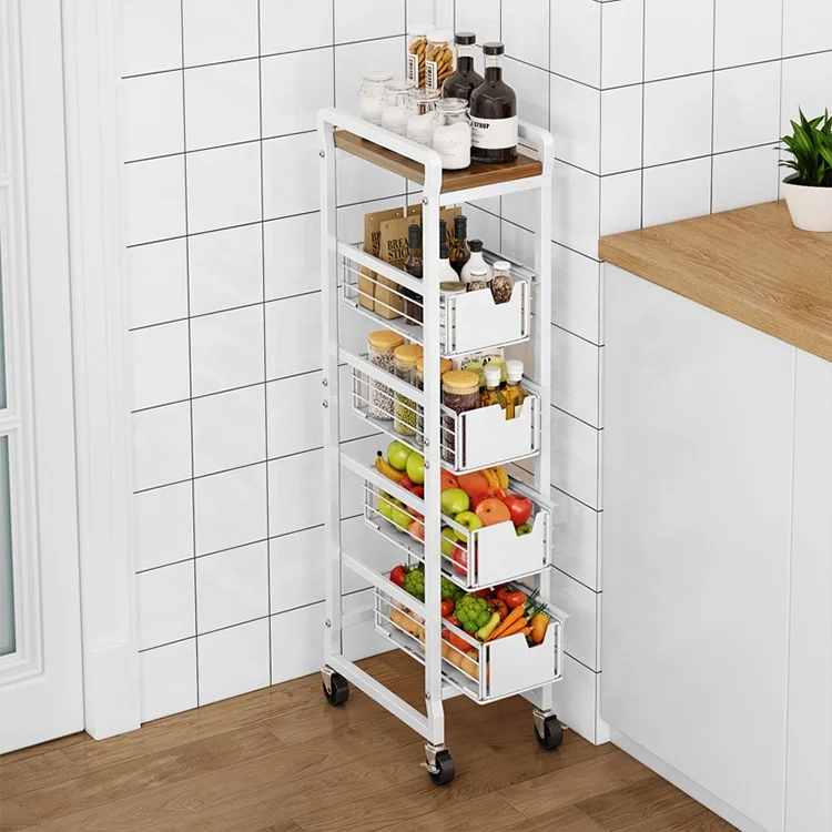 2021 wholesale mobile home 360 degree rotating storage Holder rack 5-tier kitchen shelf vegetable & fruit basket with wheel