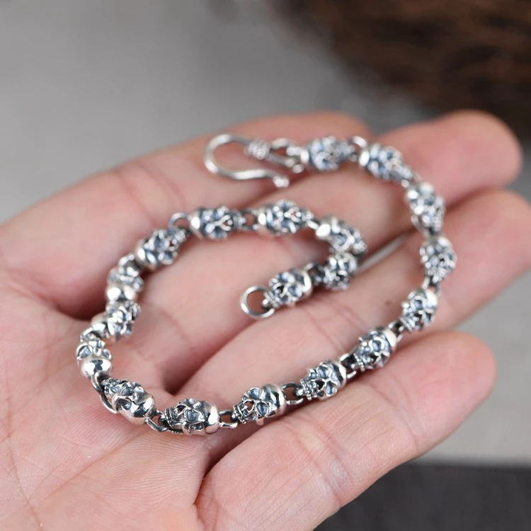 Wholesale 100% S925 sterling silver jewelry retro Thai silver hip hop Skull Bracelet for men and women