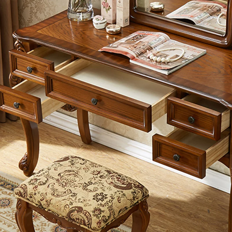 Wholesale makeup table with mirror solid wood carved dressing table with 5 drawers European style home furniture hotel furniture
