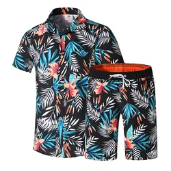 Wholesale sublimation summer casual two piece sets short sleeve button beach shirt and board shorts mens Hawaiian beach shirts