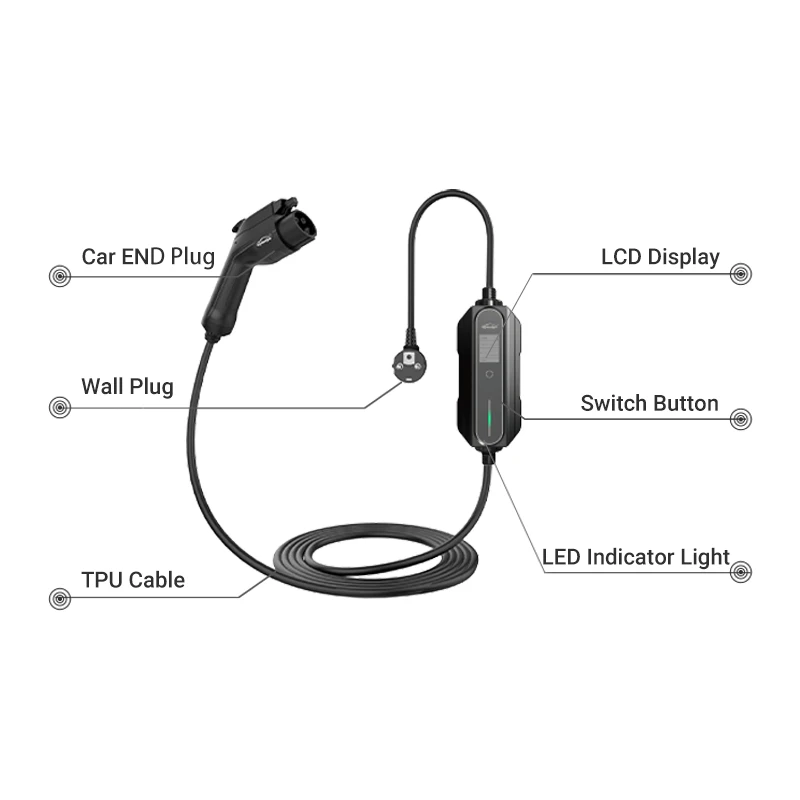 6A 8 A 10 A 13 A 16 A SAE J1772 type 1 ev plug level 2 Portable EV Charger with SCHUKO UK NEMA AU power plug