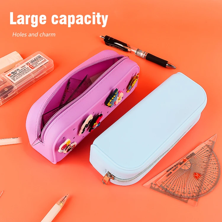 Custom Logo Croc Hole Silicone pencil case school stationery kids creative DIY pen bag multifunction storage pouch