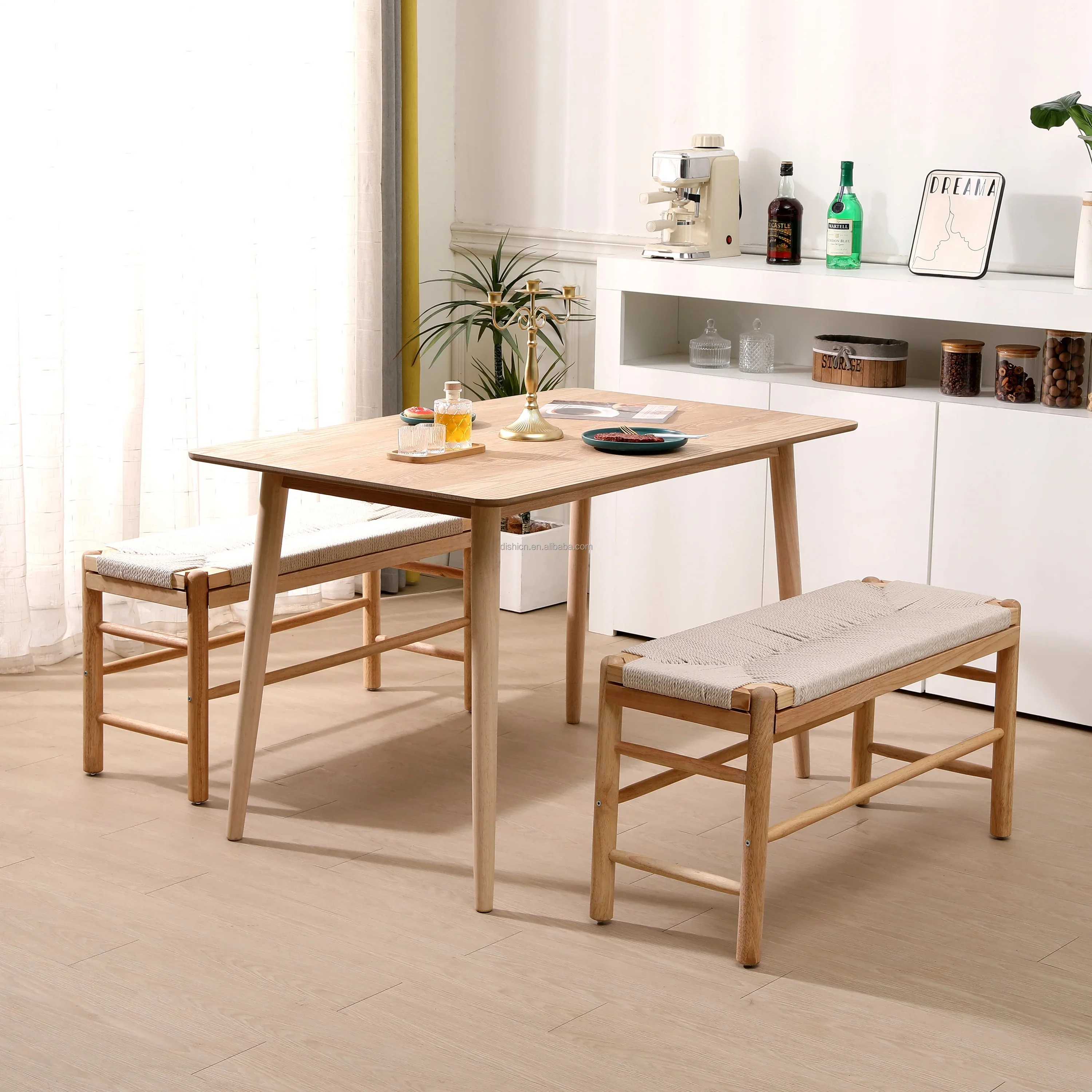 DISHI Indoor Natural Paper Cord Woven Wooden Bench