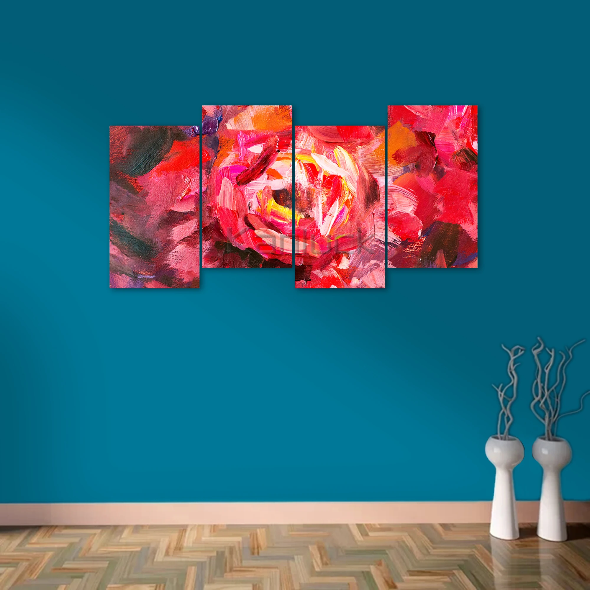 4 Panel  Sets  Hand painted Abstract Red Rose Flower Canvas Painting Wall Art