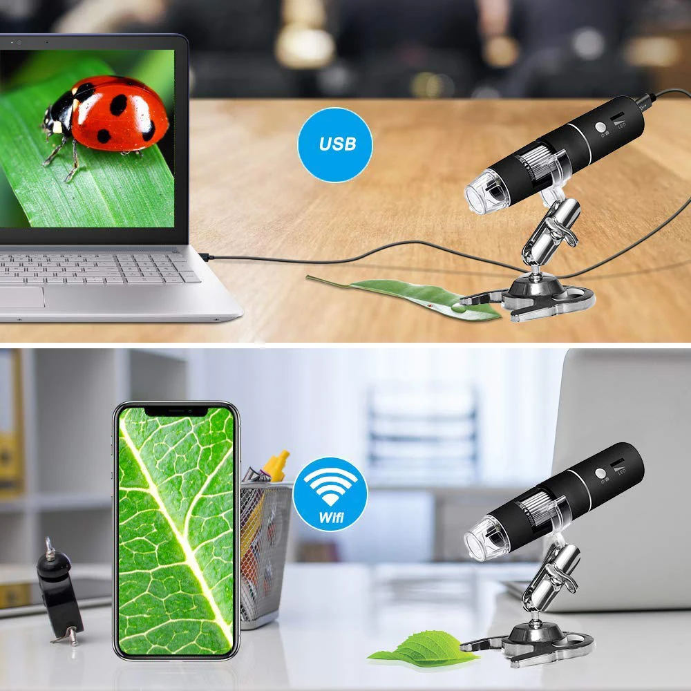 1080P HD 2MP 1000X Magnification 8 LED USB 2.0 Metal Stand Wifi Digital Microscope