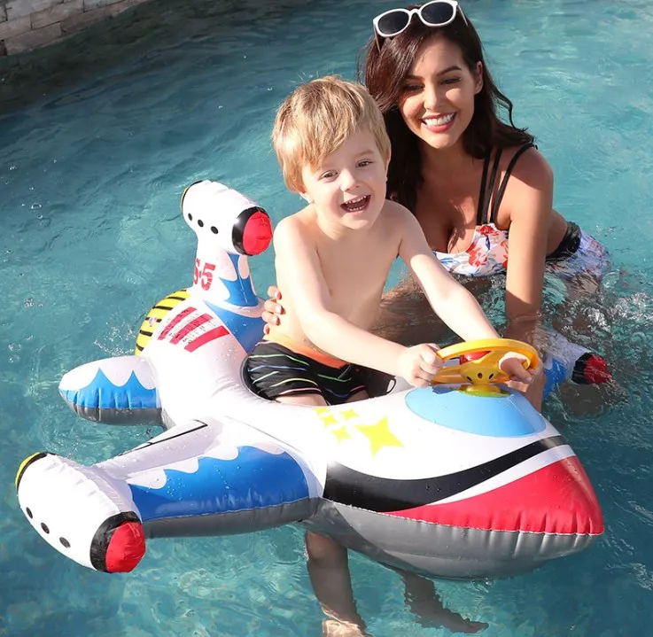 New 0.3mm pvc inflatable airplane swimming seat floating with water gun children water toy steering baby swim ring