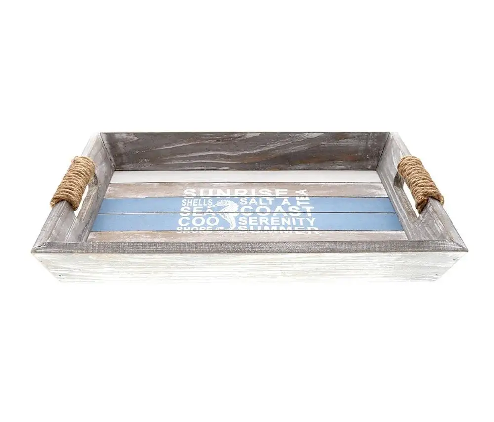 
Nautical Wooden Ocean Breeze Beach Theme Decor Real Natural Wood Handcrafted Hand Painted Aqua Sky Serving Tray 