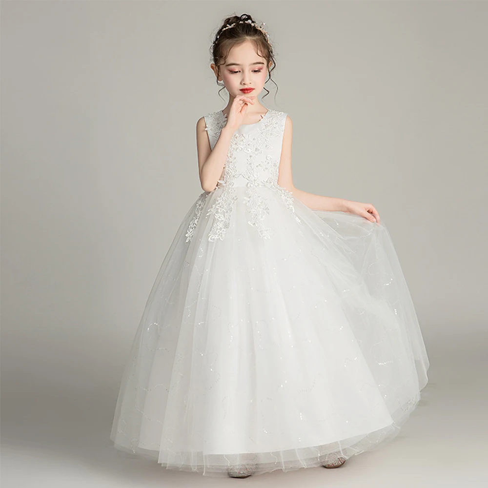 Princess Flower Girls Dresses Party Wedding High Quality Tulle 2022 New Custom Girl Embroidered Floor-length Short Sleeve Modern