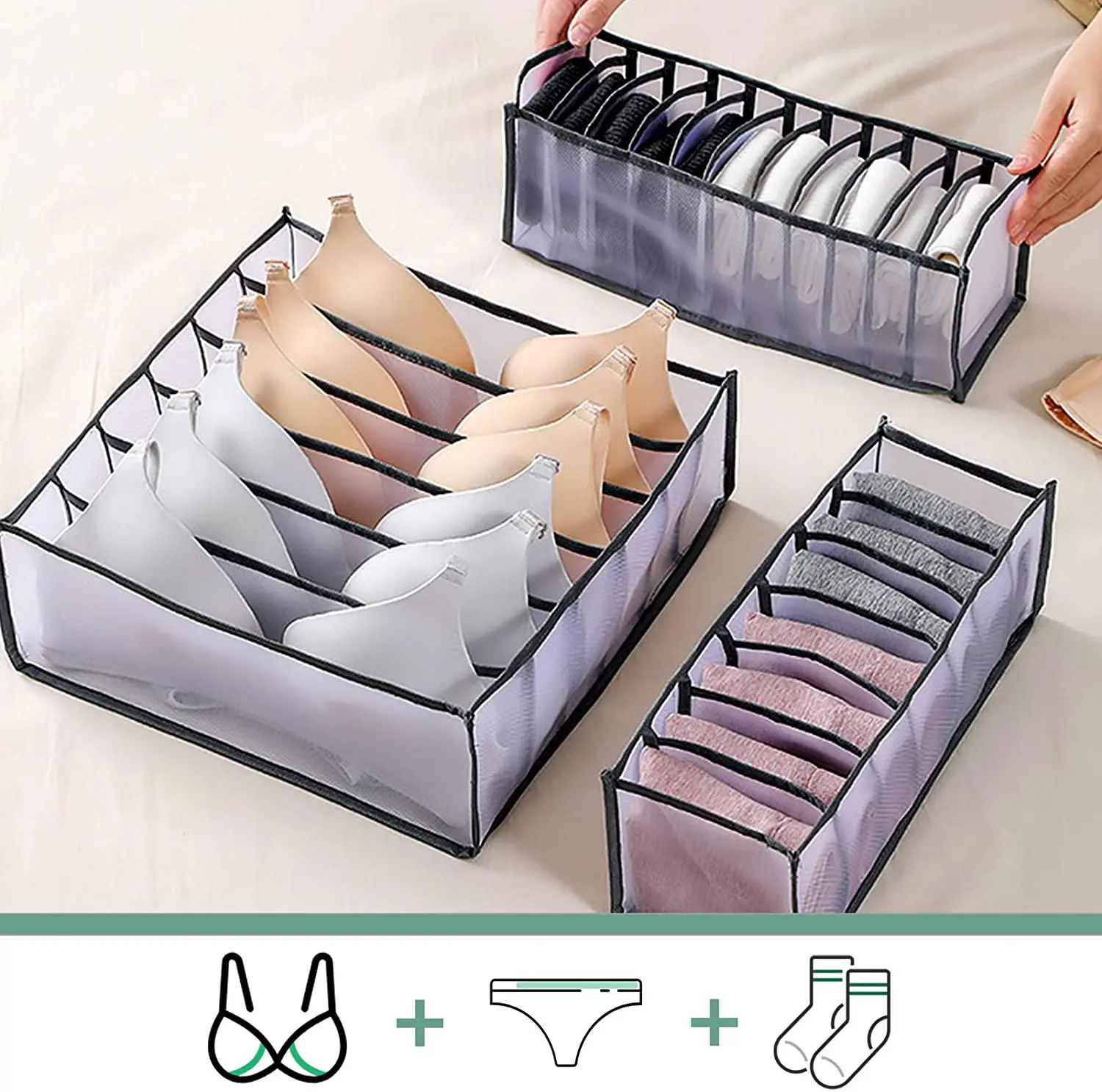 Pack of 5 Underwear Drawer Organizer Set Foldable Storage Divider Boxes Includes 6/7/7/11/11 for organizer socks and bras
