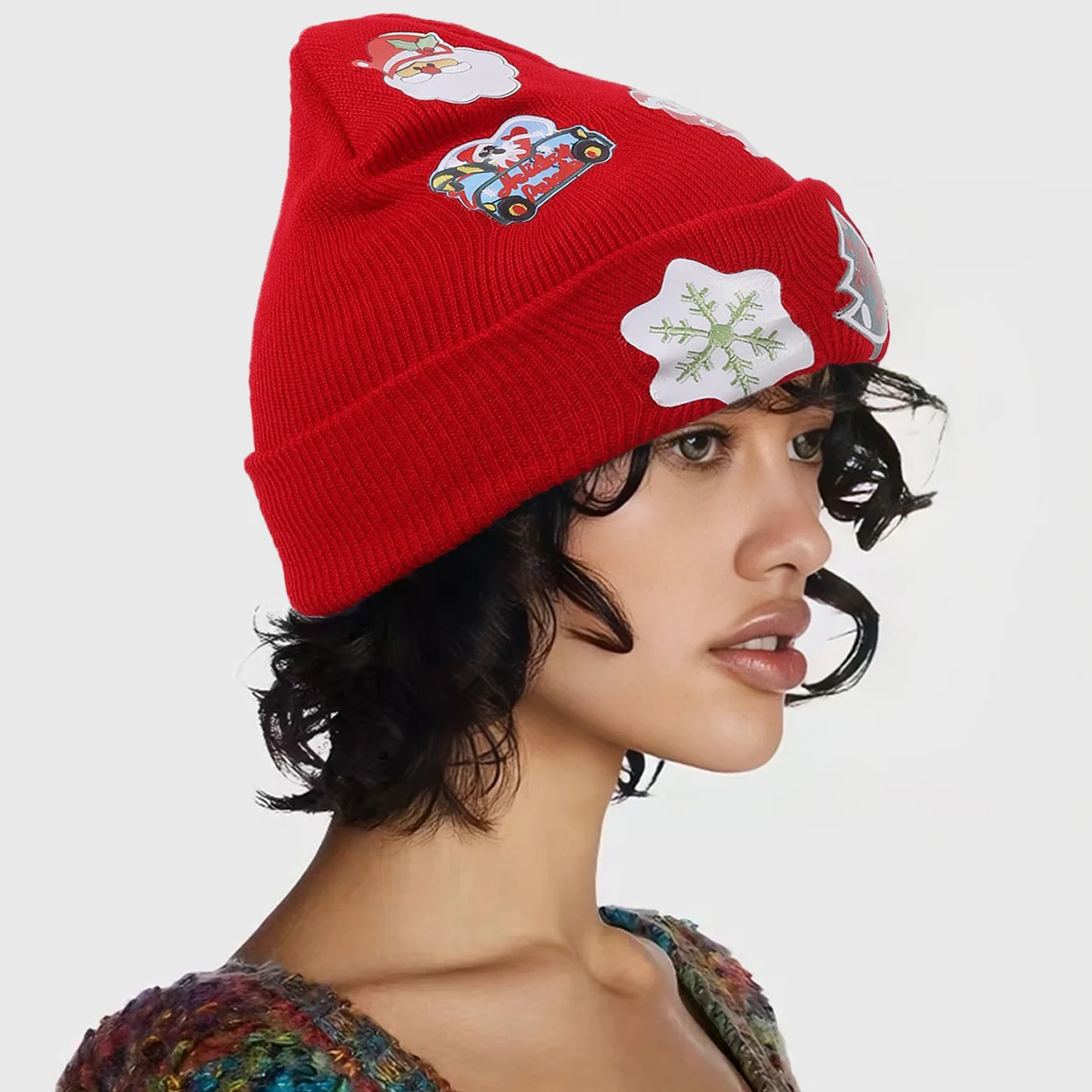 Wholesale Personalized Custom Winter Warm Merry Christmas Santa Acrylic Cuffed Knitted Skull Beanie Hat Cap
