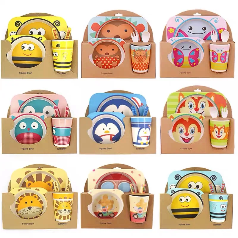Cartoon design custom bamboo divided plate cup bowl fork and spoon dinnerware kids set