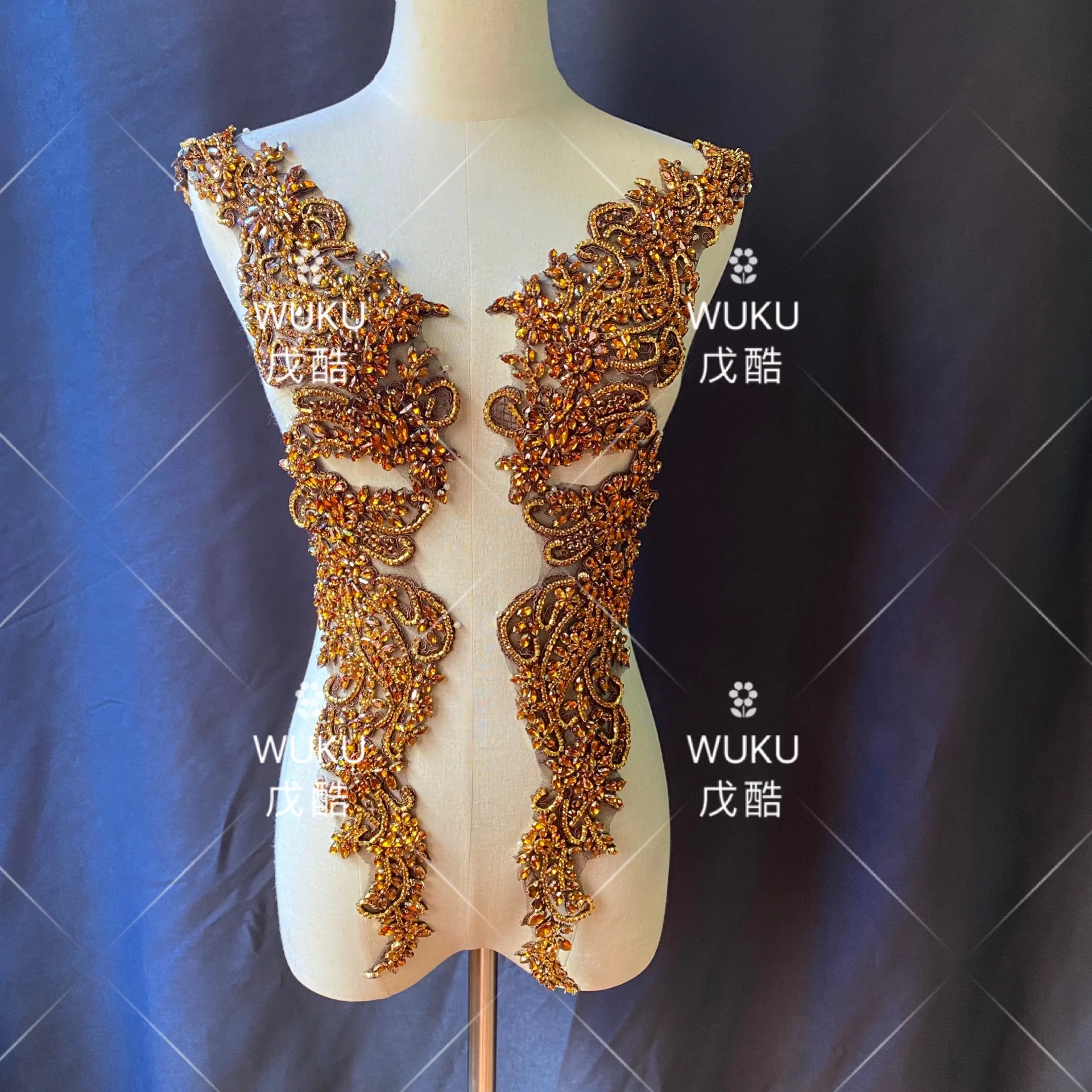 wuku wedding dress lace encrusted bling bling crystal applique patch in coffee brown