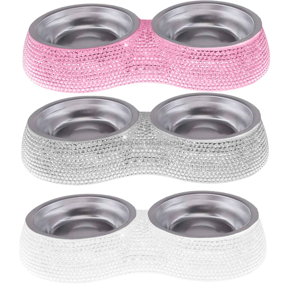 Diamond Style Small Dog Bowls Pet Bowls Double Food Water Feeder Pink, Handmade Bling Rhinestones Stainless Steel 1 Pc Rounded