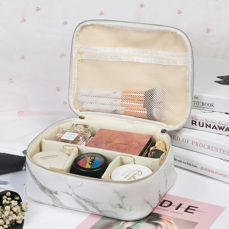PU Marble Makeup Bags Portable Waterproof Organizer Storage Cosmetics Brushes Toiletry Bag Train Case With Gold Zipper