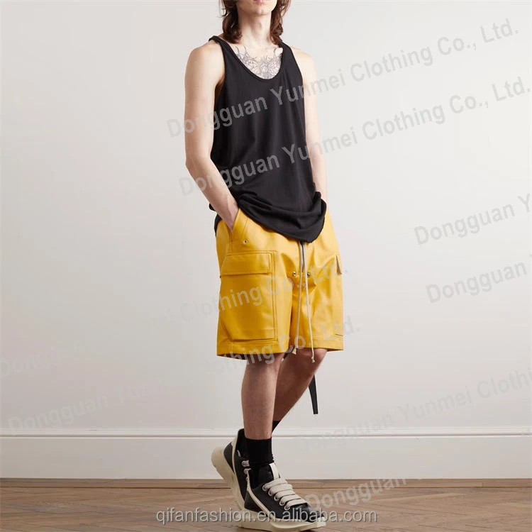Custom street style short pants patch pockets PU leather cargo shorts for men