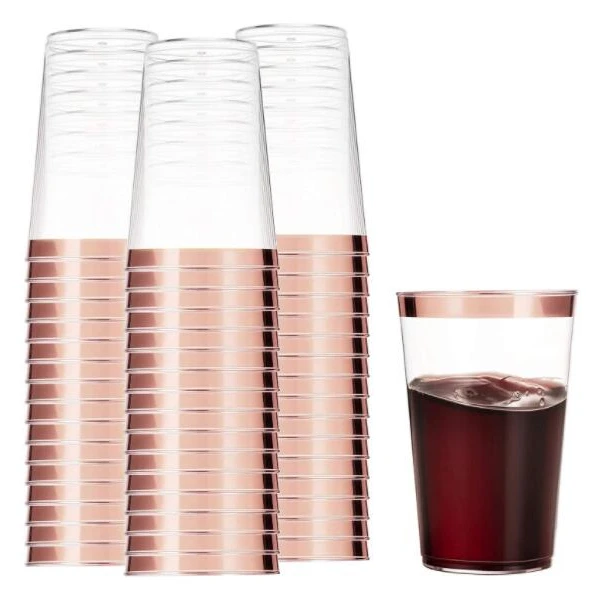 Plastic Tumblers with Rose Gold rim for Weddings Parties 14oz Premium
