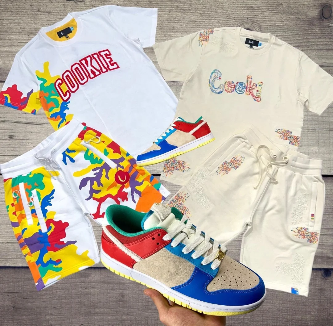 KY Men Cotton Shorts Sets Short Sleeve Crew Neck Digital Printing Zipper Pocket Shorts With String