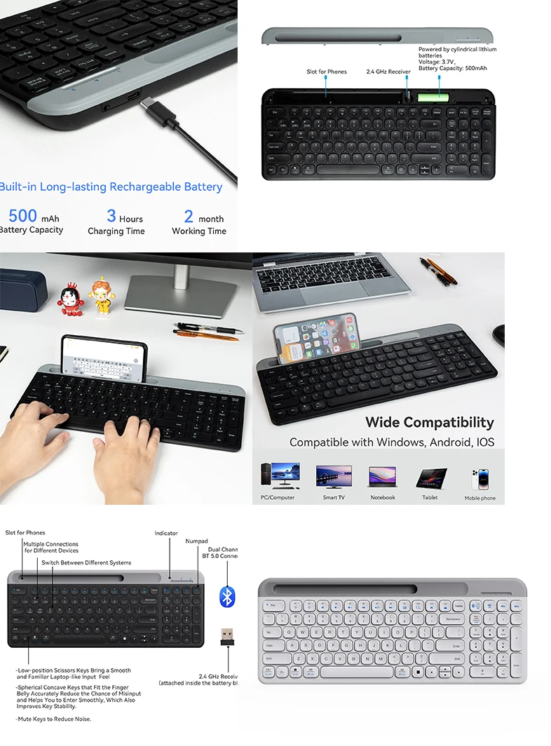 Colorful Wireless  Keyboard,  3 Bluetooth  Keyboard Retro Round Keycaps 105 Keys   Keyboard for PC Laptop Tablet