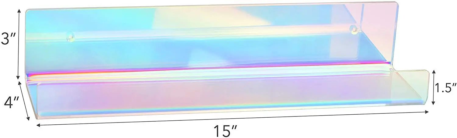15' Clear Holographic Acrylic Floating Ledge Shelf 2-Piece Pack PS Plastic Wall Mounted with Sticker Logo Plastic Carton Packed