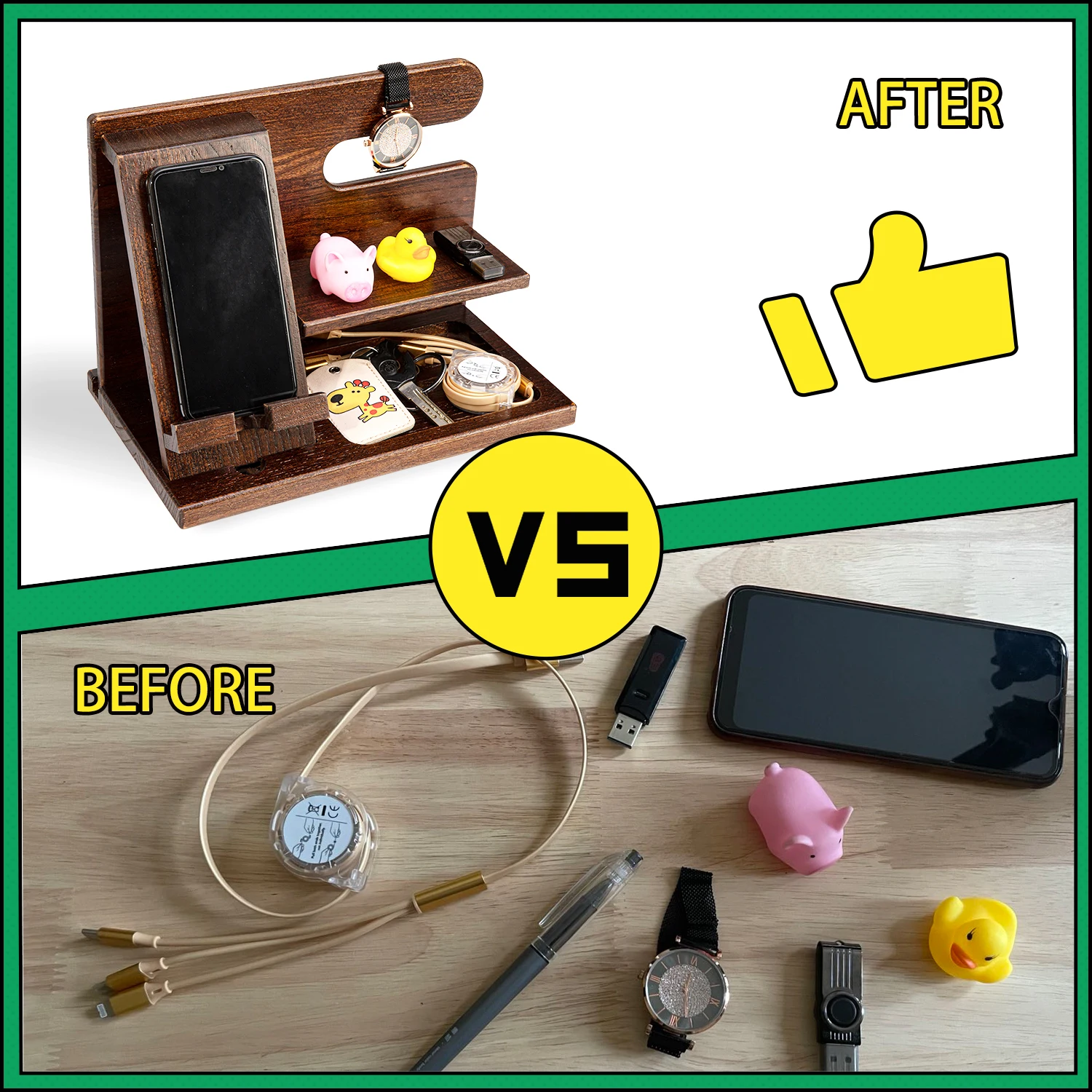 Gifts for Men Dad Natural Wood Phone Docking Station Key Holder Wallet Watch Organizer Stand Desktop Mobile Holders