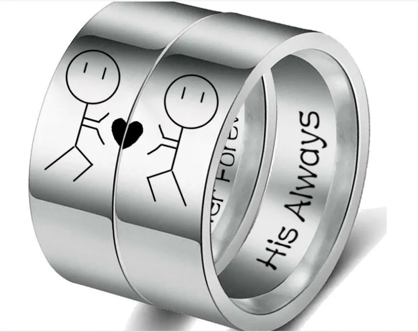 New Stainless Steel Couple Rings His Always Her Forever Stick-figure Hits My Heart Puzzle Rings