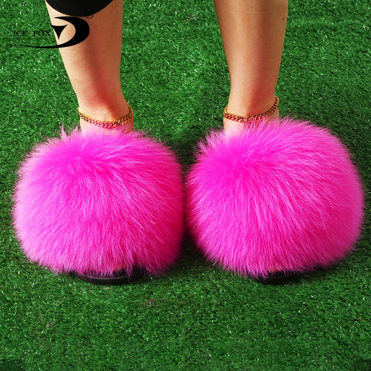 Open Toe Single Strap Slip On Sandals Real Fox Fur Women Multicolor Pvc Bag Accept Customized Logo
