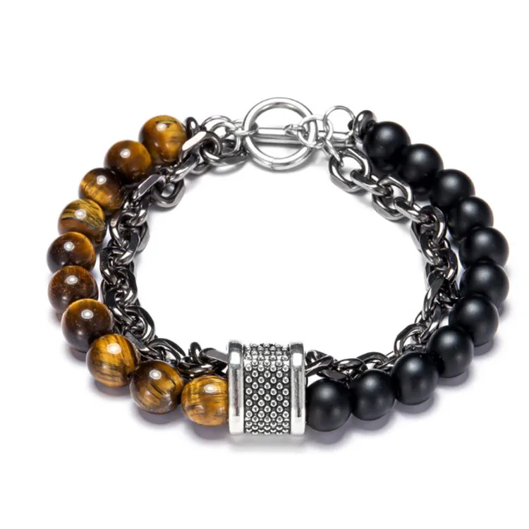 Bestone Stainless Steel Chain with Natural Stone Glass Beads Bracelets For Men