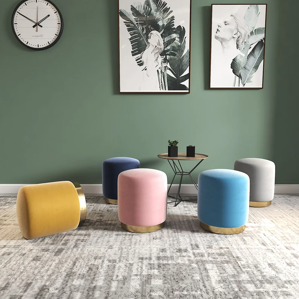 
Customized Storage Ottoman Set Round Velvet Footrest Modern Vanity Stool Seat with Golden Steel Base 