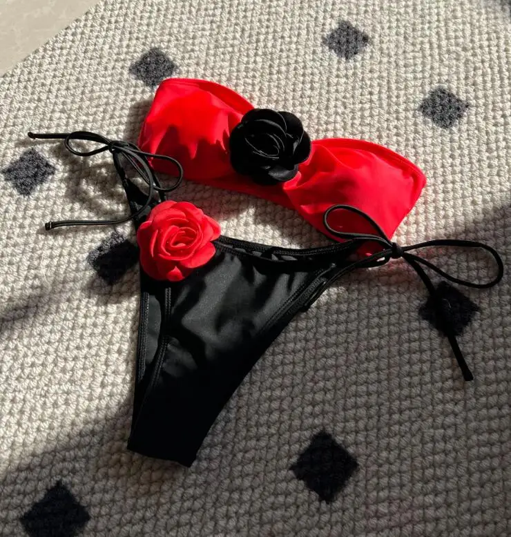 JUST ARRIVALS STOCK 13Colors 3D Print FLOWER Bandeau Top Swimsuit Sexy Ladies Cheap Mini Bikini Set