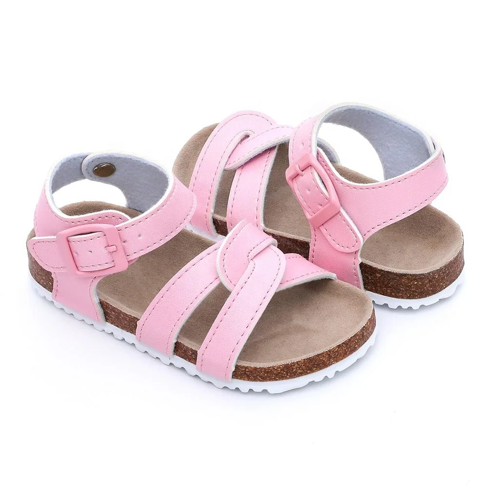 High Class Quality Girls Pink Flat Cute Sandals for Toddler Kids Children with Soft Cow Leather Insock Cork Sole Foot-bed
