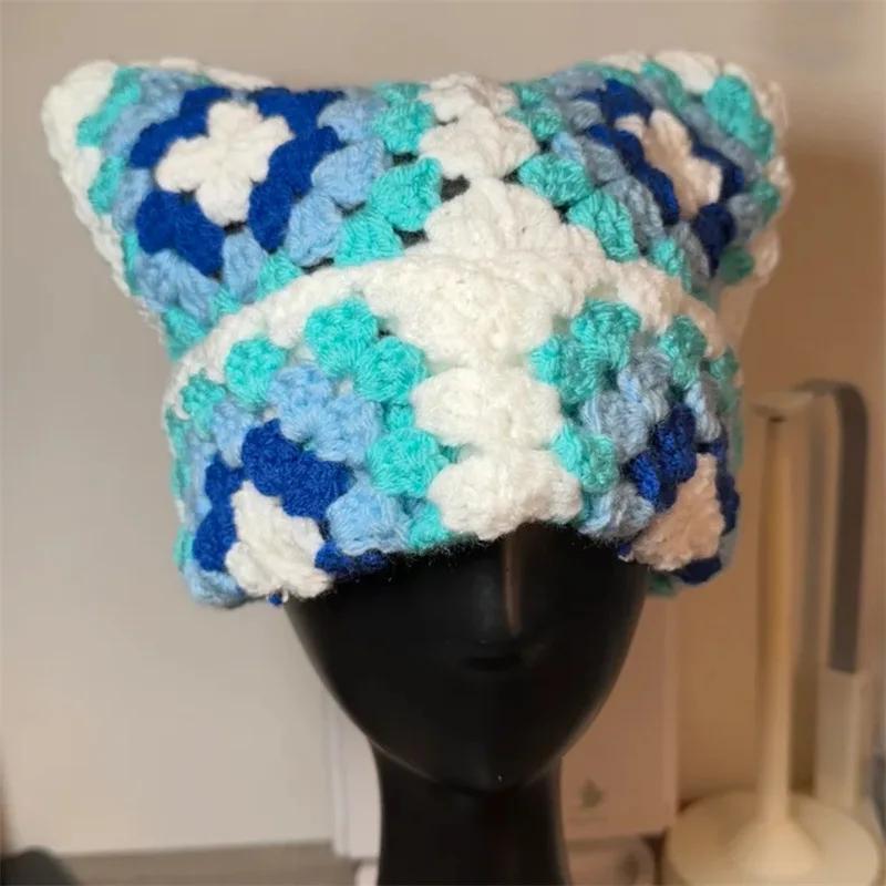 2024 New women handmade crochet flower cat ear hat fashionable and personalized adult pullover knitted hat