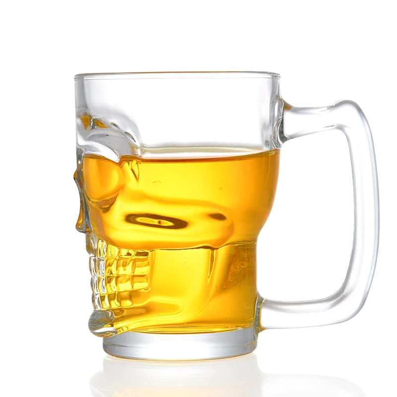 Wholesale skull shaped clear empty 500ml glass brandy vodka beer cup glass wine cup with handle