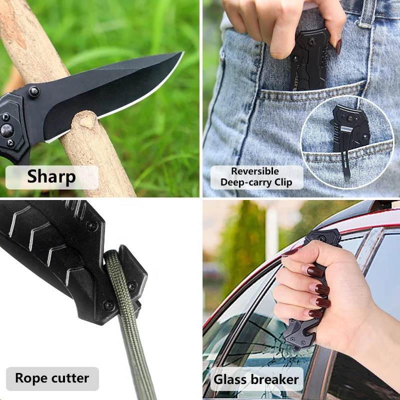 Low price stainless steel switch black blade folding with pocket clip hunting tactical knife for camping