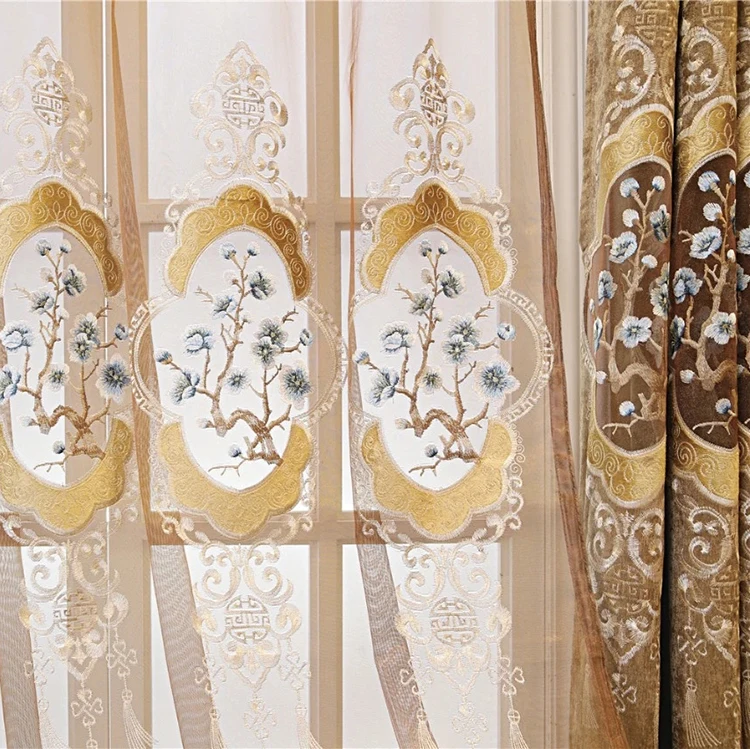 wholesale high quality embroidery Fabric blackout Luxury Living Room Curtain with valance