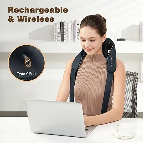 USB-C Rechargeable Kneading Massage Hot Compress Shiatsu Back Shoulder Neck Massager for Pain Relief