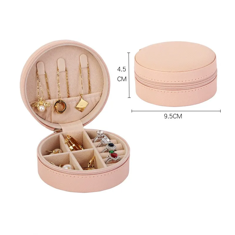 Macaron color round zipper pu leather jewelry organizer necklace earring small pu leather box pocket case custom jewelry box
