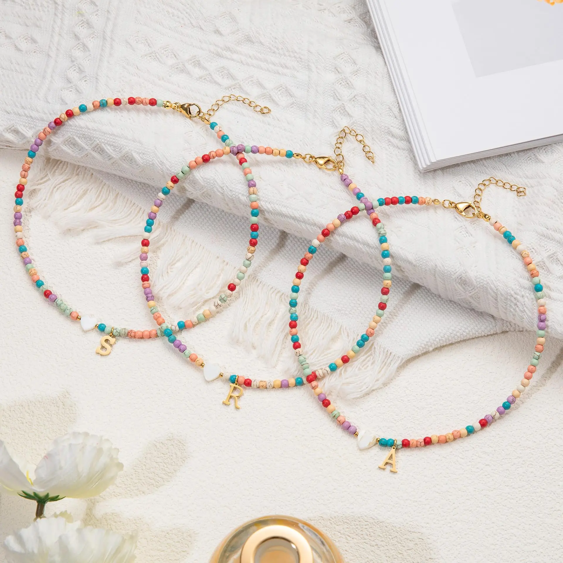 Handmade Bohemia Jewelry Colorful Rice Bead Alphabet Necklace Custom Letter Heart Pendant Necklace for Women