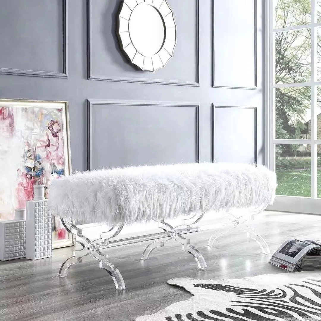 Yaqi 2021 luxury hot sale A long clear acrylic Bed corner Bench with cushion in living room