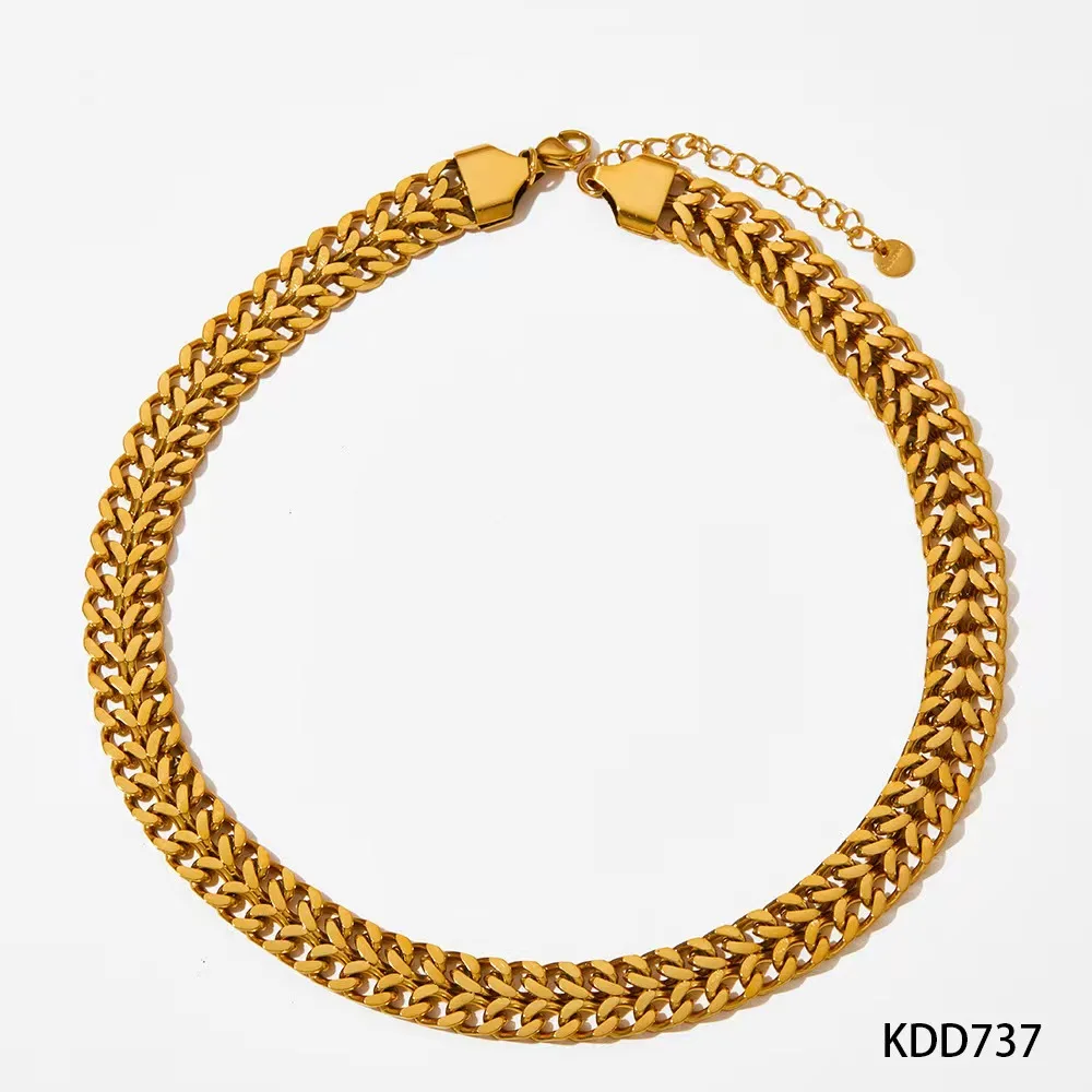 Qiuhan OEM ODM Retro Simple Double Band 18K Gold Plated Link Chain Choker Necklace