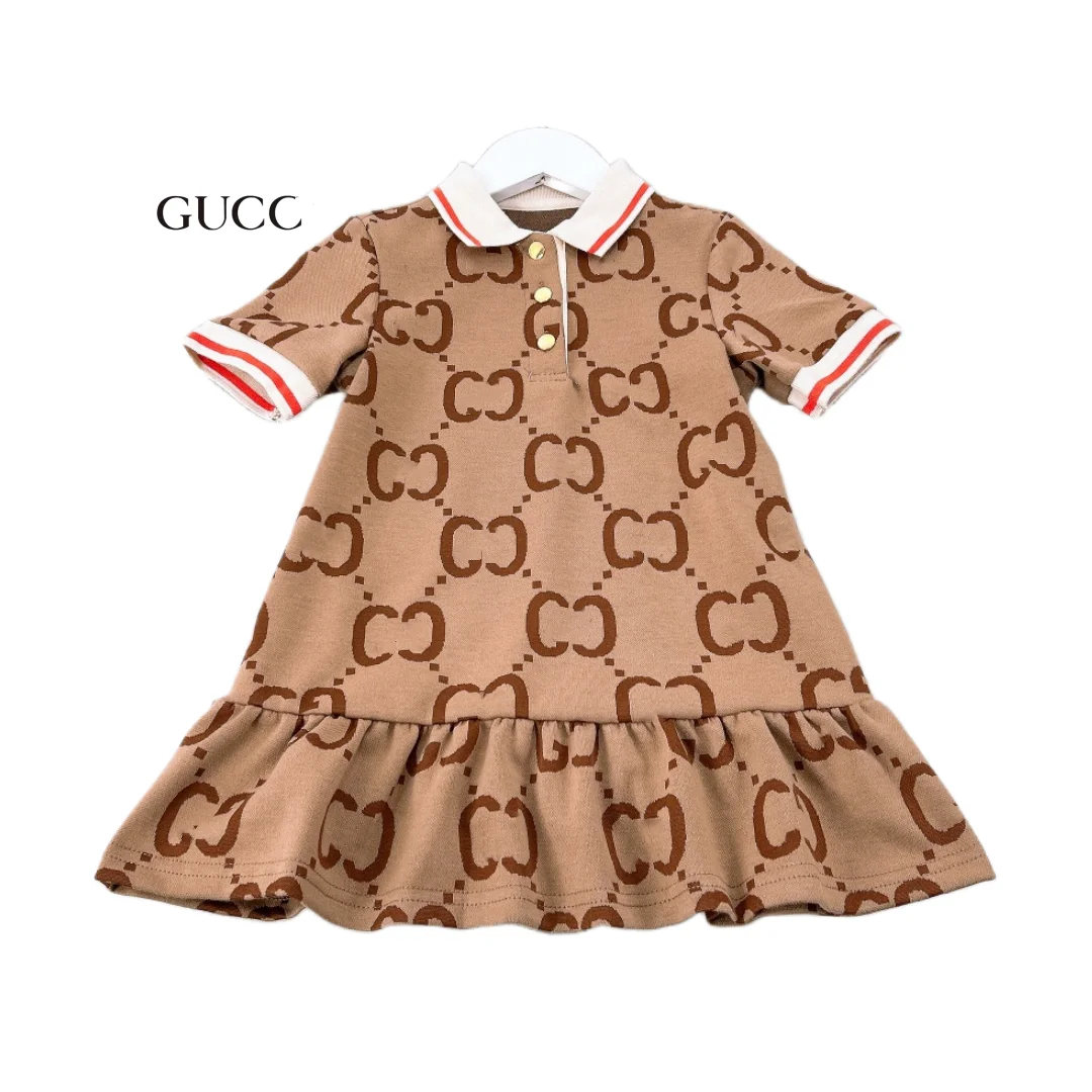 RUNTEN 2024 Summer Short Sleeve GG polo Dress Full Print Design Knee Length Dress for Baby Girls Clothing Design