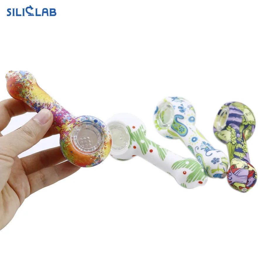 Декоративные мультфильм печатных табака воды Smoke Weed Аксессуары Длинные трубы стеклянная курительная чаша