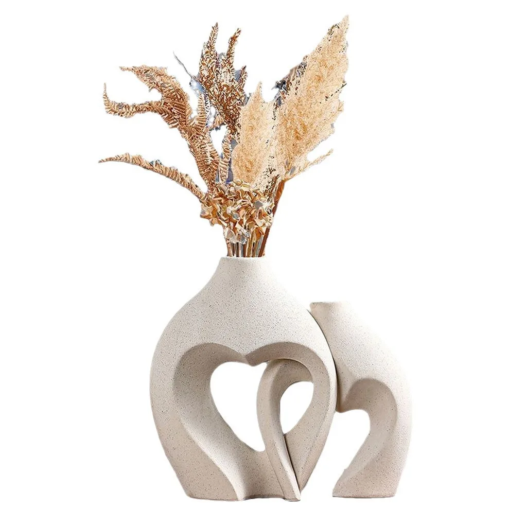 White Heart Shape Ceramic Vase Set of 2 Nordic Modern Boho ins Style Decorative Ceramic Aesthetic Flower Vase for Home Decor